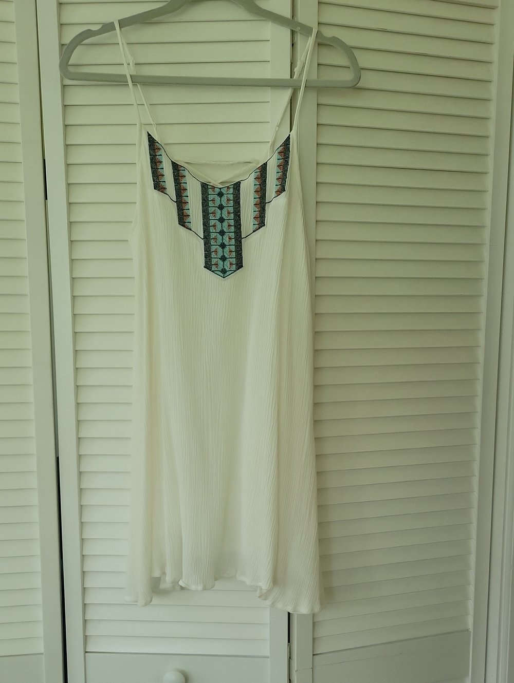Lulu's White Mini Slip Dress with Blue & Tan Embroidery
